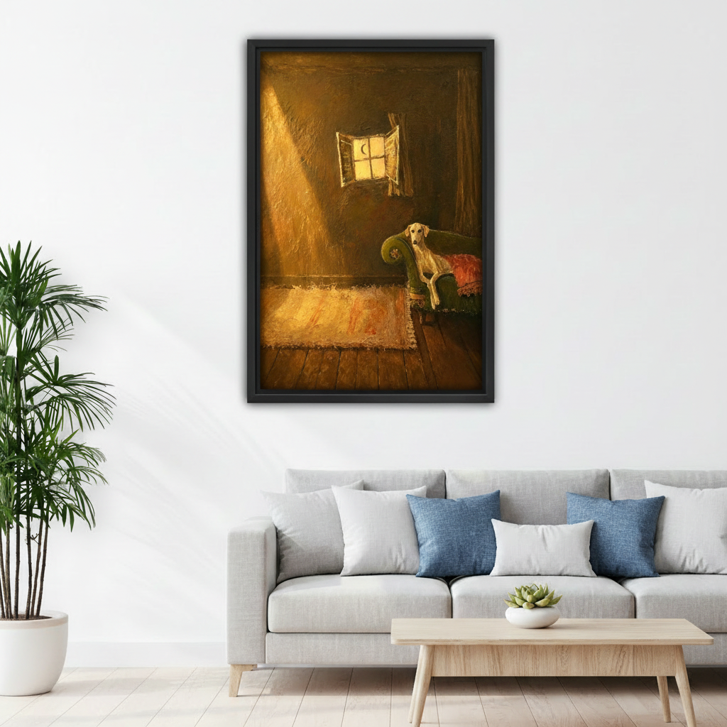 Moody dog oil painting framed canvas print above gray sofa in modern minimalist white living room