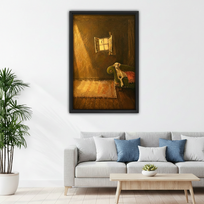 Moody dog oil painting framed canvas print above gray sofa in modern minimalist white living room