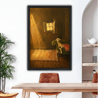 Moody greyhound moonlight oil painting black framed canvas print hanging above wooden dining table in warm beige room