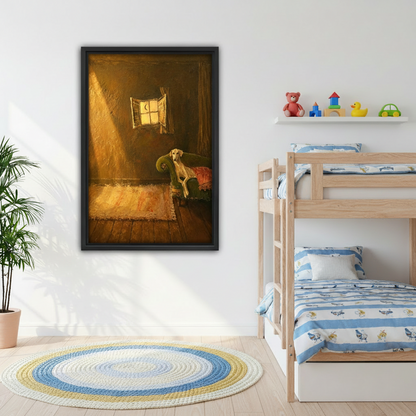Vintage greyhound oil painting framed wall art in bright kids bedroom with wooden bunk bed and colorful toys