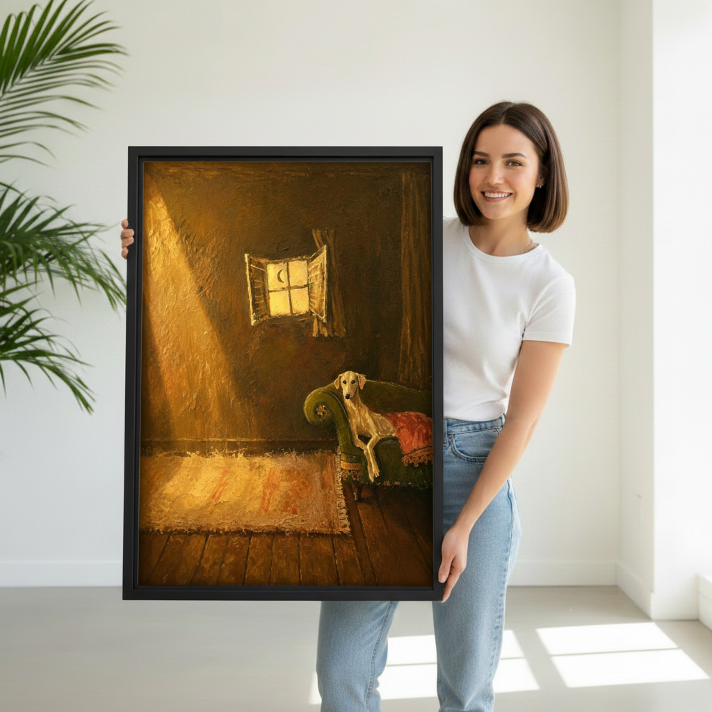 Smiling woman holding large black framed greyhound moonlight oil painting canvas print in white studio