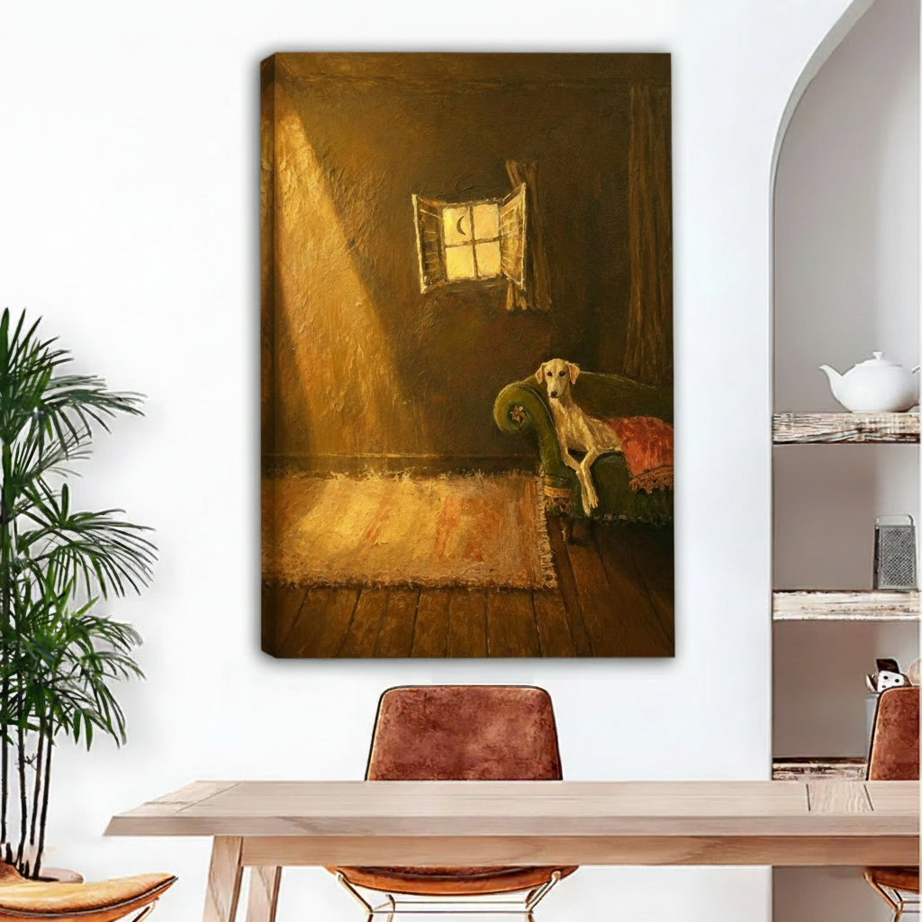 Frameless gallery wrap canvas of atmospheric greyhound on velvet chaise in golden moonlit room above dining table