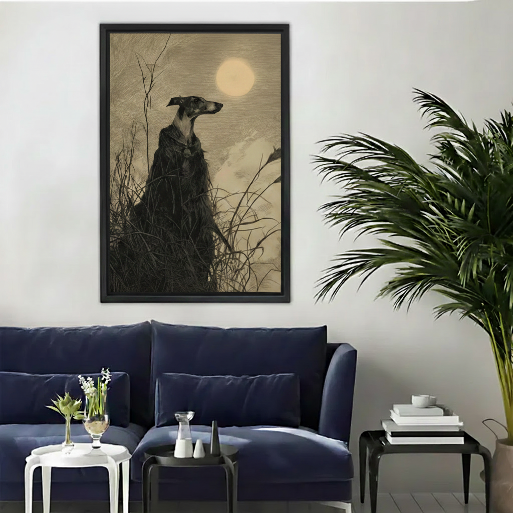 Vintage etching style framed canvas print of a dark greyhound sitting under a full moon among dry grass, displayed above a navy blue sofa