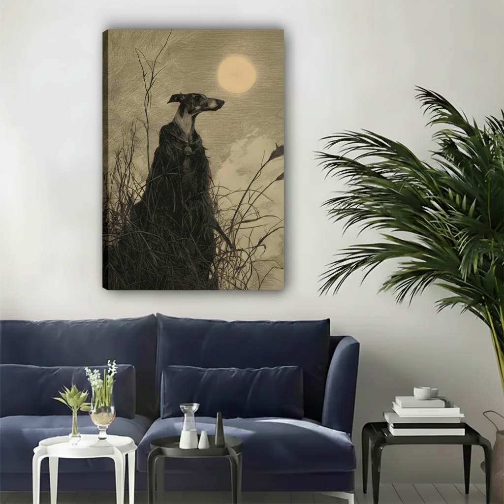 Dark greyhound under moonlight wall art gallery wrap canvas in sepia etching style, hung above a navy velvet sofa in a modern living room