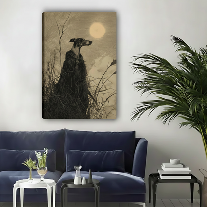 Dark greyhound under moonlight wall art gallery wrap canvas in sepia etching style, hung above a navy velvet sofa in a modern living room