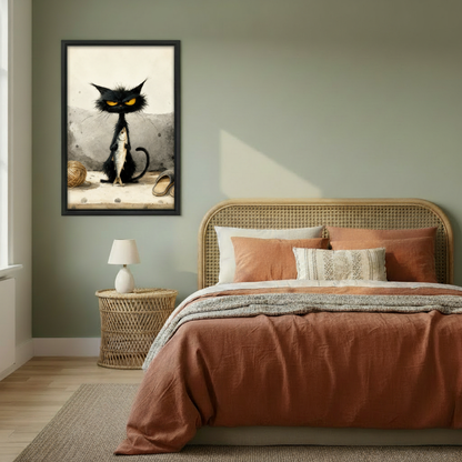 Grumpy black cat canvas print in black frame above rattan bed, whimsical cat wall art bedroom decor