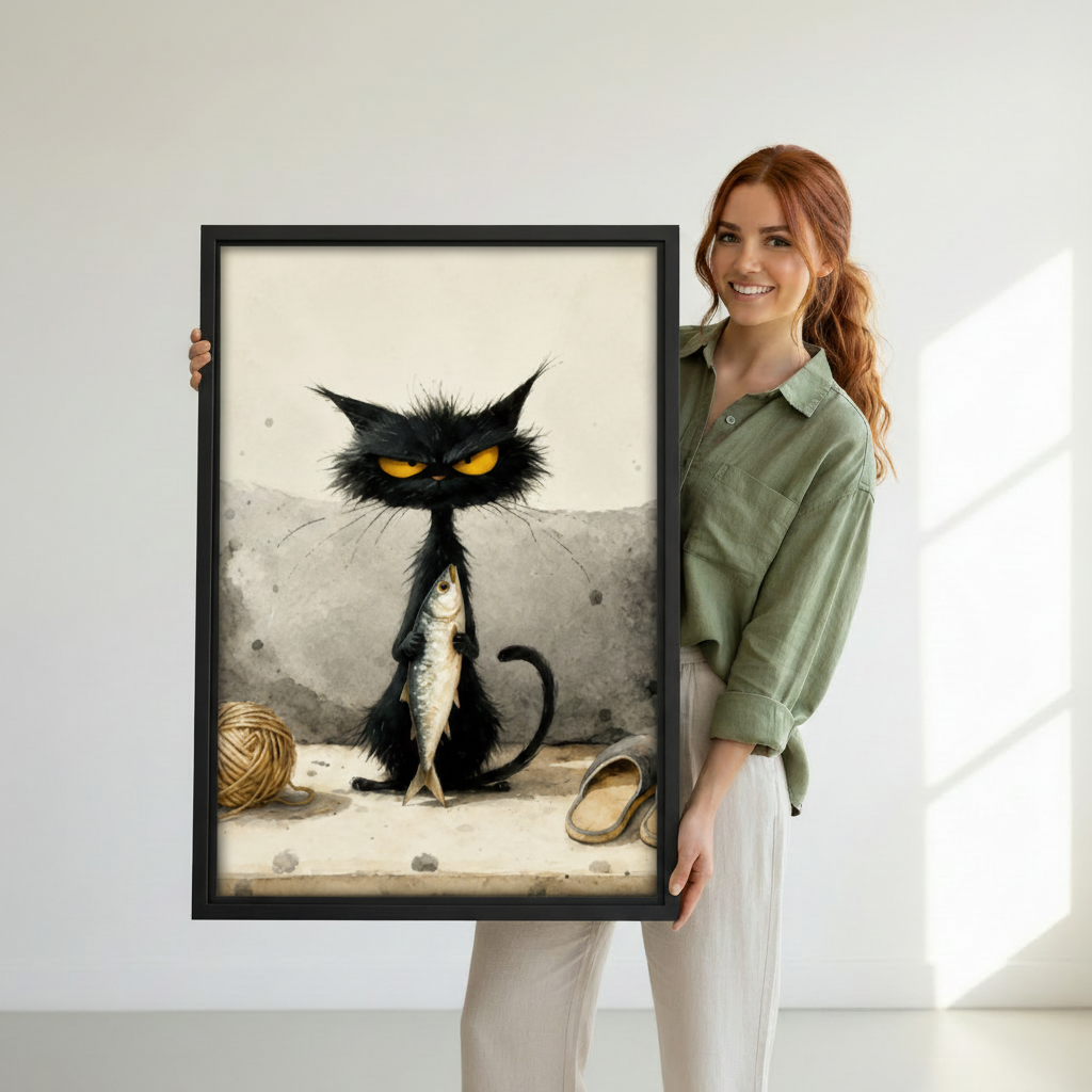 Woman holding large black framed grumpy cat canvas print, whimsical watercolor wall art decor