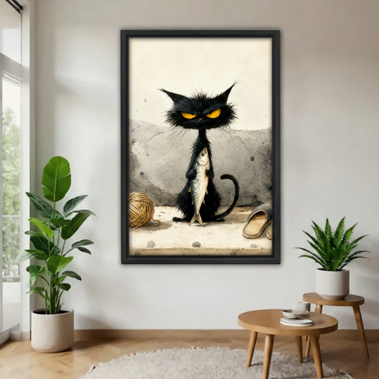 Grumpy black cat with yellow eyes holding fish, whimsical watercolor canvas print in black frame, modern living room wall art