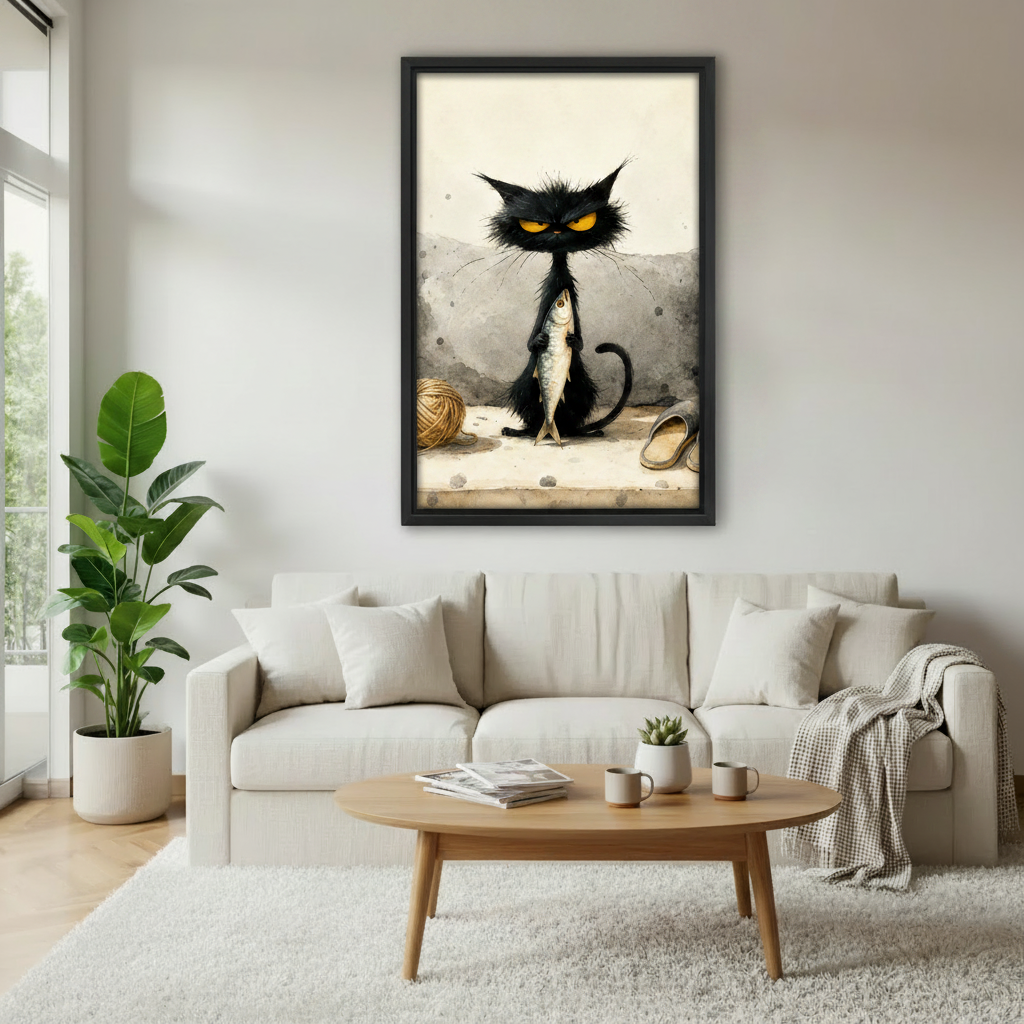 Frameless gallery wrap canvas of grumpy black cat with fish, funny watercolor wall art thick edge