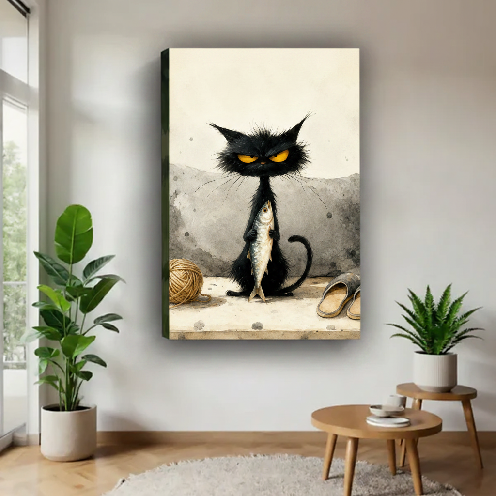 Close-up of grumpy black cat watercolor illustration with yarn ball and slipper, funny cat canvas wall art
