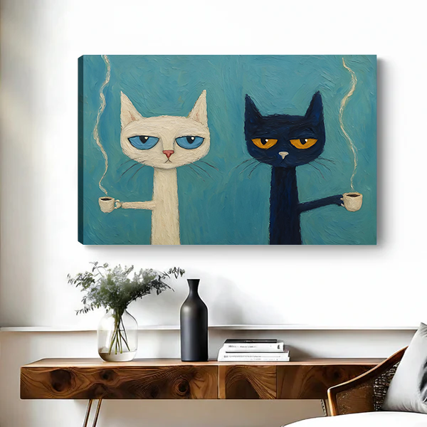 Folk art grumpy cats with coffee canvas print displayed on wall without frame above rustic console table