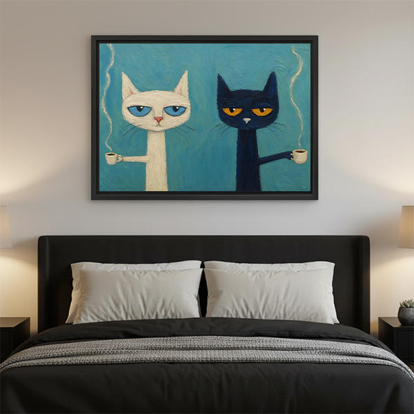 Folk art grumpy cats holding coffee cups framed canvas wall art displayed above dark bed as bedroom decor