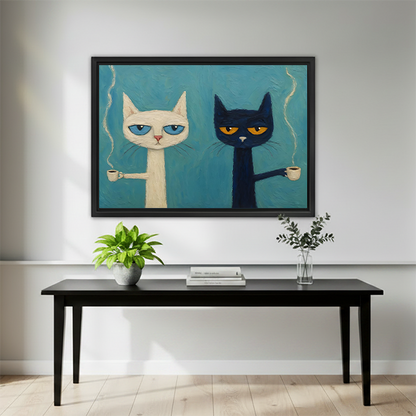 Grumpy white and black cats coffee framed canvas art hung above black bench table in modern living room