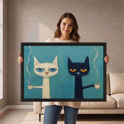 Woman holding grumpy cats drinking coffee framed canvas wall art showing large size reference in living room