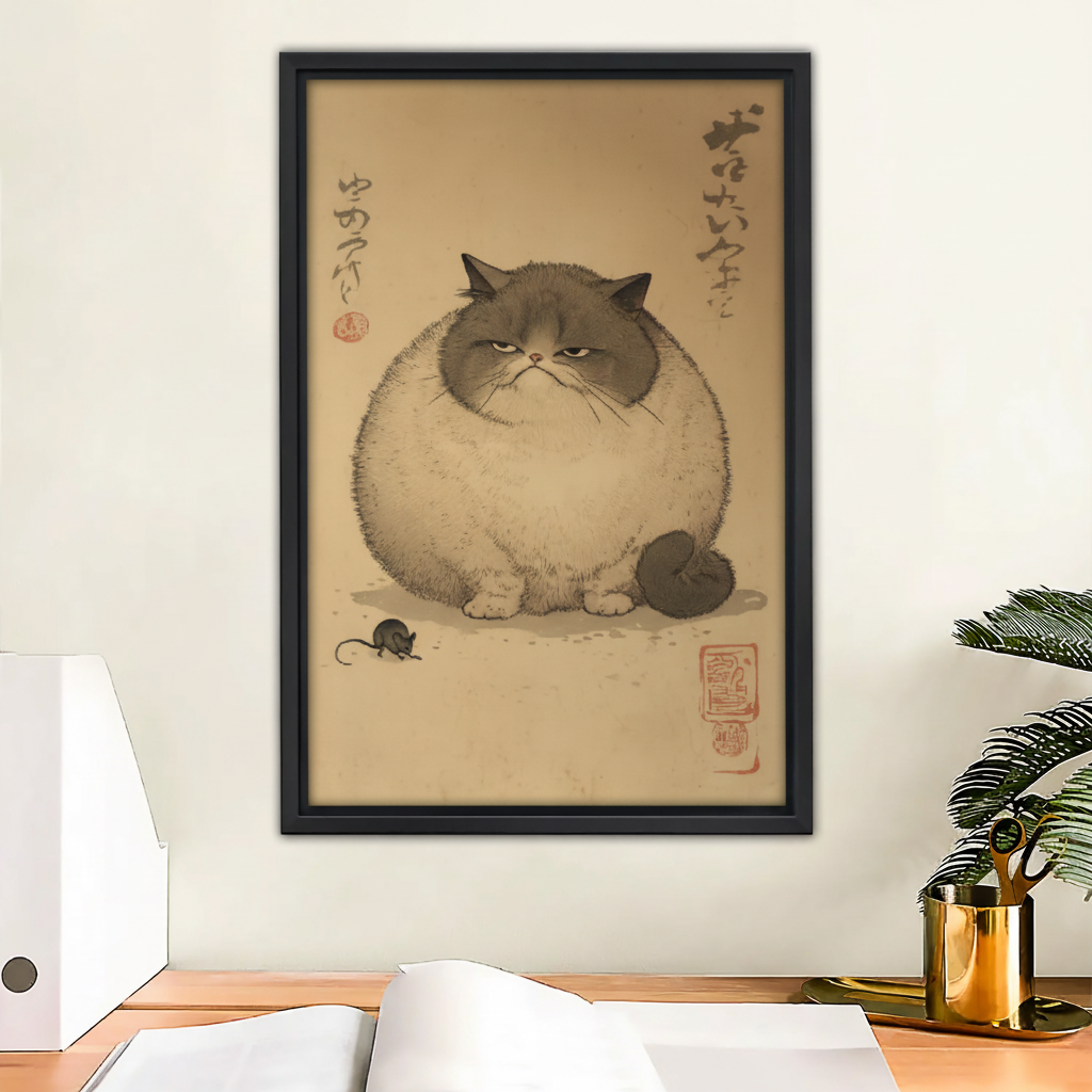 Japanese Style Chubby Grumpy Cat Framed Canvas Wall Art|Liberty Signs #L1679