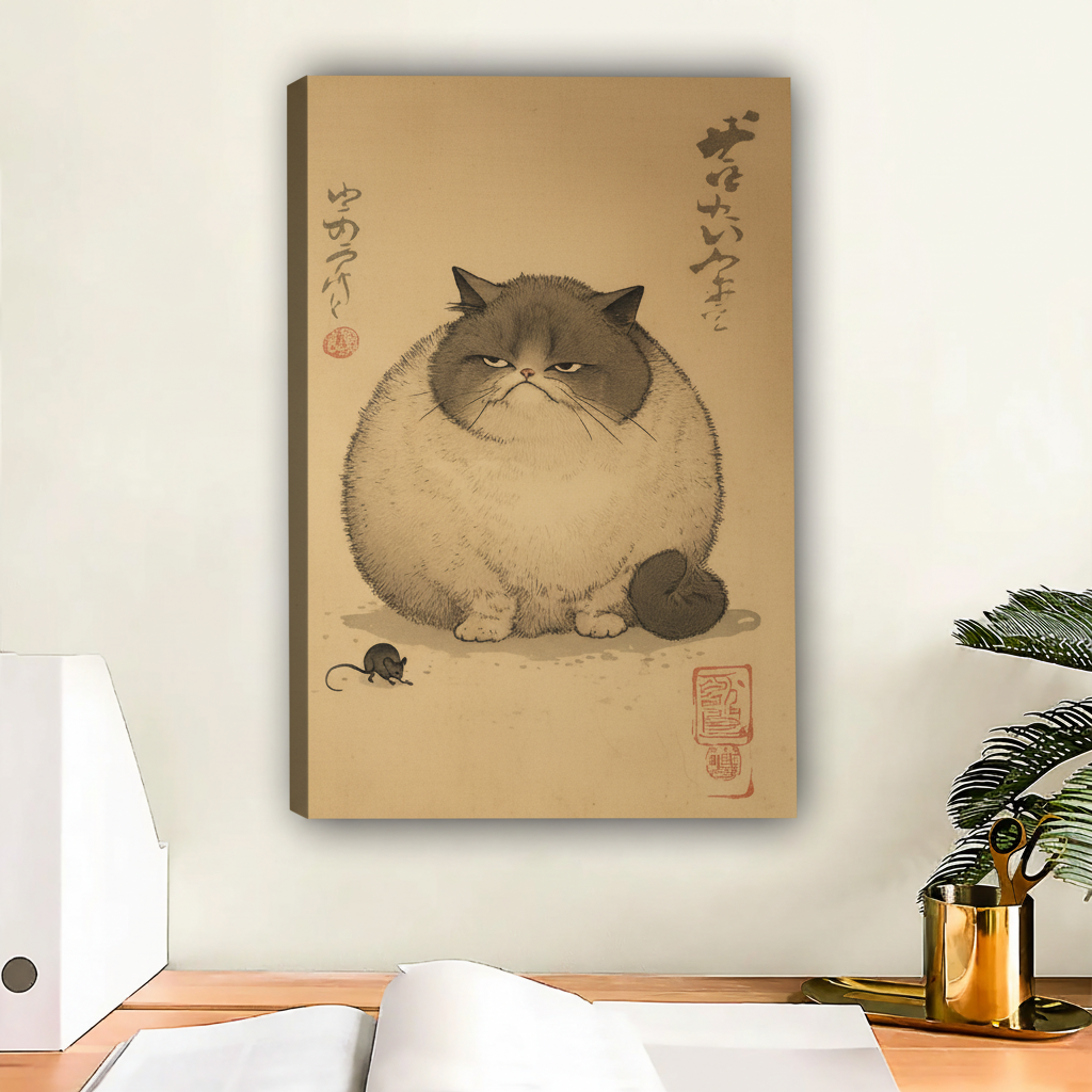 Japanese Style Chubby Grumpy Cat Framed Canvas Wall Art|Liberty Signs #L1679
