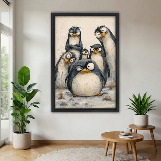 Grumpy penguin group watercolor art in black frame on white wall beside large tropical houseplant
