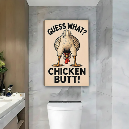 Framed Guess What Chicken Butt canvas wall art featuring a cheeky chicken displayed above a colorful patchwork sofa.