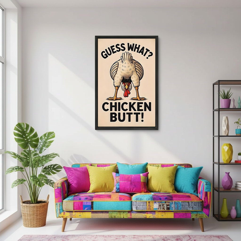 Black-framed Guess What Chicken Butt canvas wall art displayed beside a round mirror and wooden vanity in a bathroom.