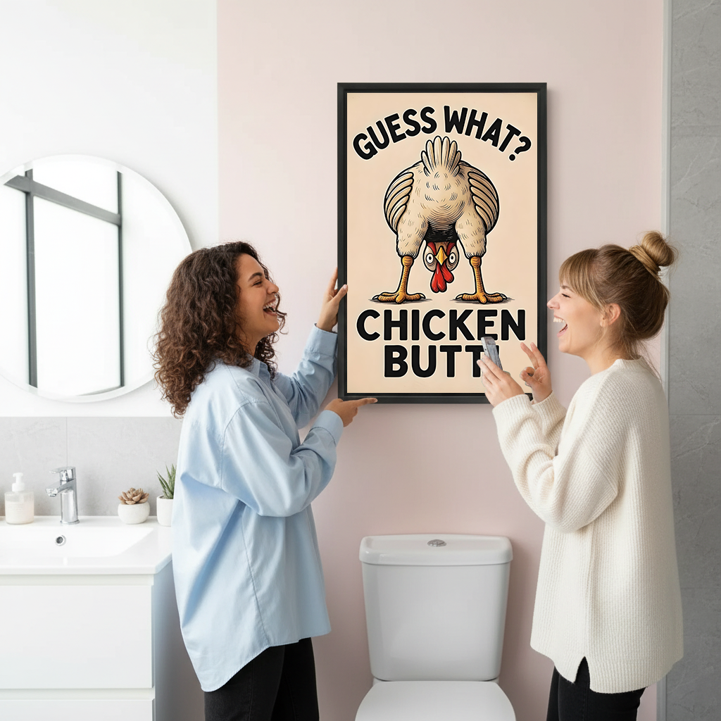 Gallery-wrap Guess What Chicken Butt canvas wall art with bold black lettering and a cream background above a bathroom toilet.