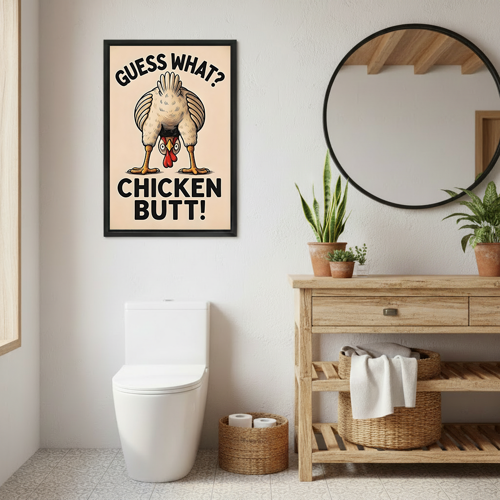 Two women smiling beside framed Guess What Chicken Butt canvas wall art showing a chicken peeking between its legs.