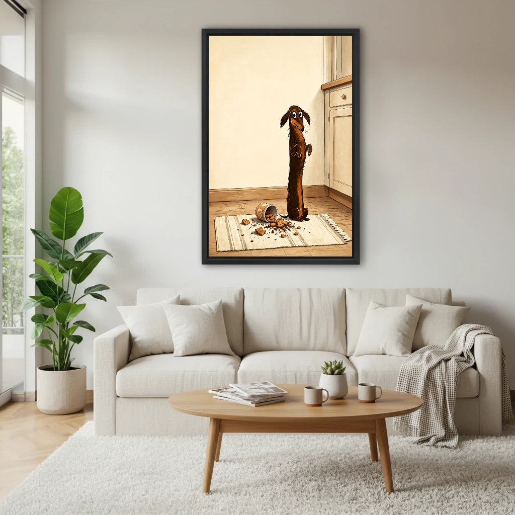 Funny guilty dachshund framed canvas wall art above cream sofa in bright Scandinavian living room with coffee table