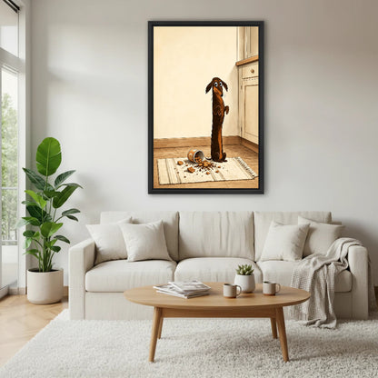 Funny guilty dachshund framed canvas wall art above cream sofa in bright Scandinavian living room with coffee table