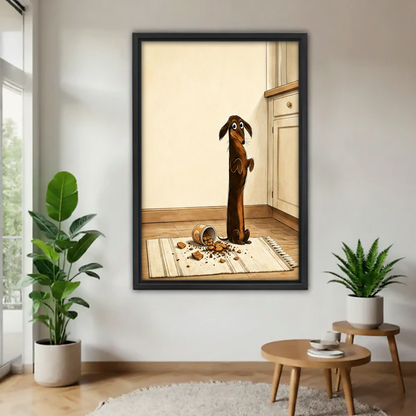 Guilty dachshund cookie thief framed canvas wall art on white wall between two potted plants and round side table