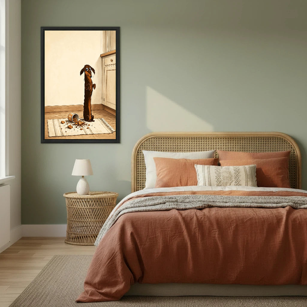 Guilty dachshund cookie thief framed canvas wall art on sage green bedroom wall above rattan bed with terracotta bedding