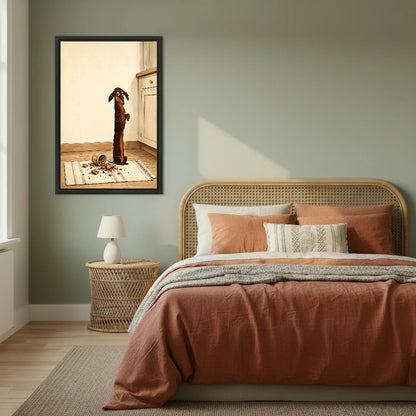 Guilty dachshund cookie thief framed canvas wall art on sage green bedroom wall above rattan bed with terracotta bedding