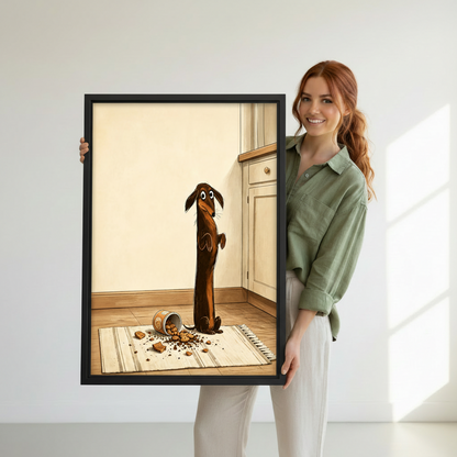 Woman holding framed guilty dachshund cookie thief canvas wall art showing size reference in white studio