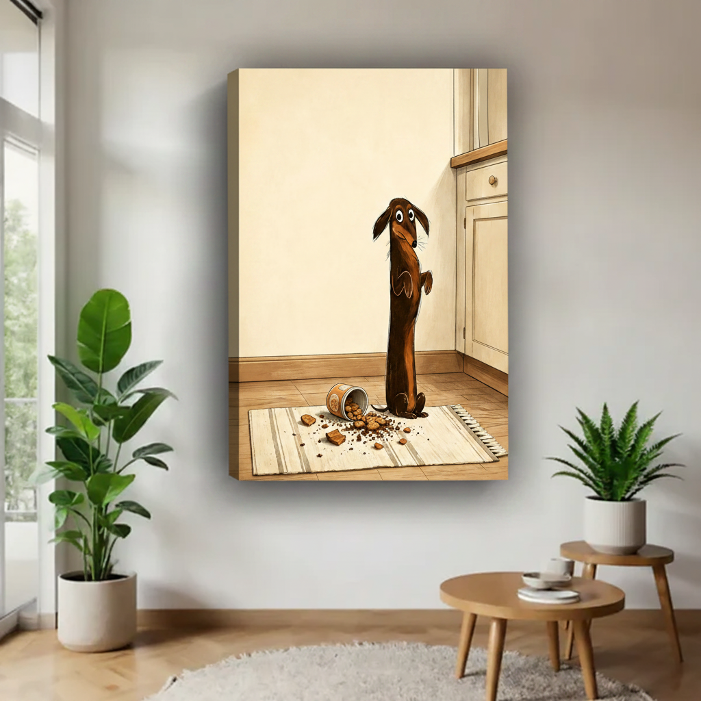 Gallery wrap guilty dachshund cookie thief canvas art displayed frameless on white wall flanked by tropical indoor plants