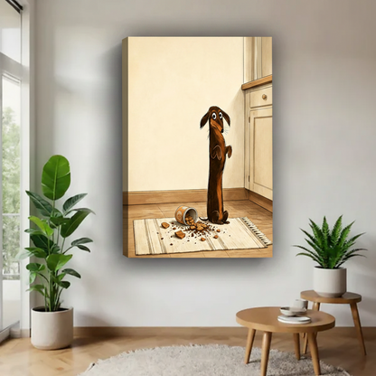 Gallery wrap guilty dachshund cookie thief canvas art displayed frameless on white wall flanked by tropical indoor plants