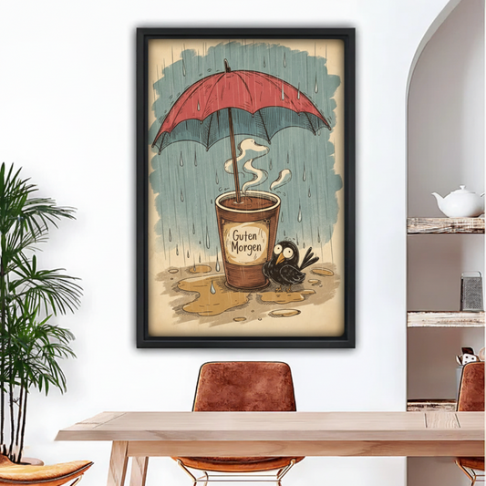 Guten Morgen rainy day coffee crow black framed wall art above dining table, vintage sketch red umbrella eclectic home decor