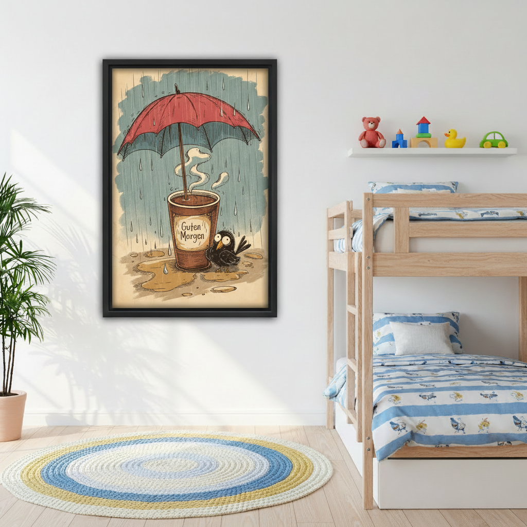 Guten Morgen quirky coffee crow black framed print in children's bedroom with bunk bed, whimsical rainy day nursery wall art