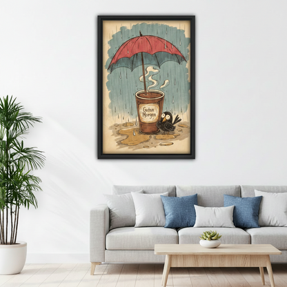 Guten Morgen vintage coffee crow wall art black frame above gray sofa in modern living room, quirky rainy day home decor
