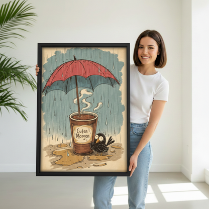 Woman holding Guten Morgen rainy day coffee crow framed wall art print, large black frame vintage sketch size reference