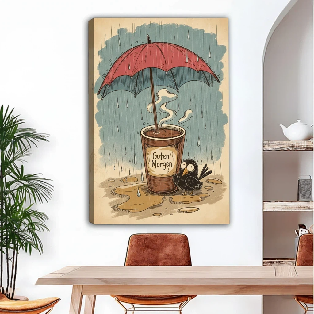 Guten Morgen coffee crow gallery wrap canvas print in dining room, frameless vintage rainy day illustration warm beige decor