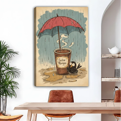 Guten Morgen coffee crow gallery wrap canvas print in dining room, frameless vintage rainy day illustration warm beige decor