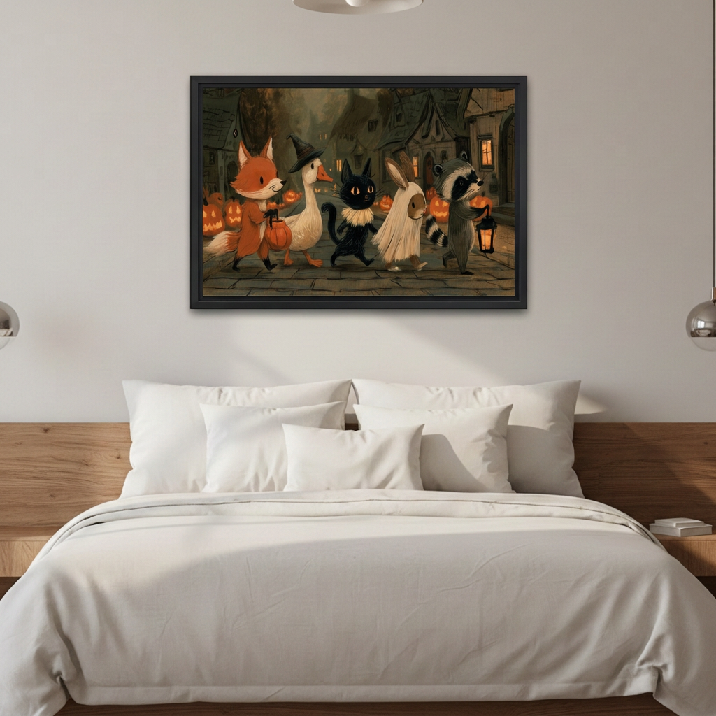 Halloween animal parade canvas wall art in a black frame above white bedding and a wooden headboard.