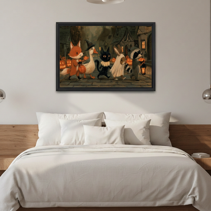Halloween animal parade canvas wall art in a black frame above white bedding and a wooden headboard.
