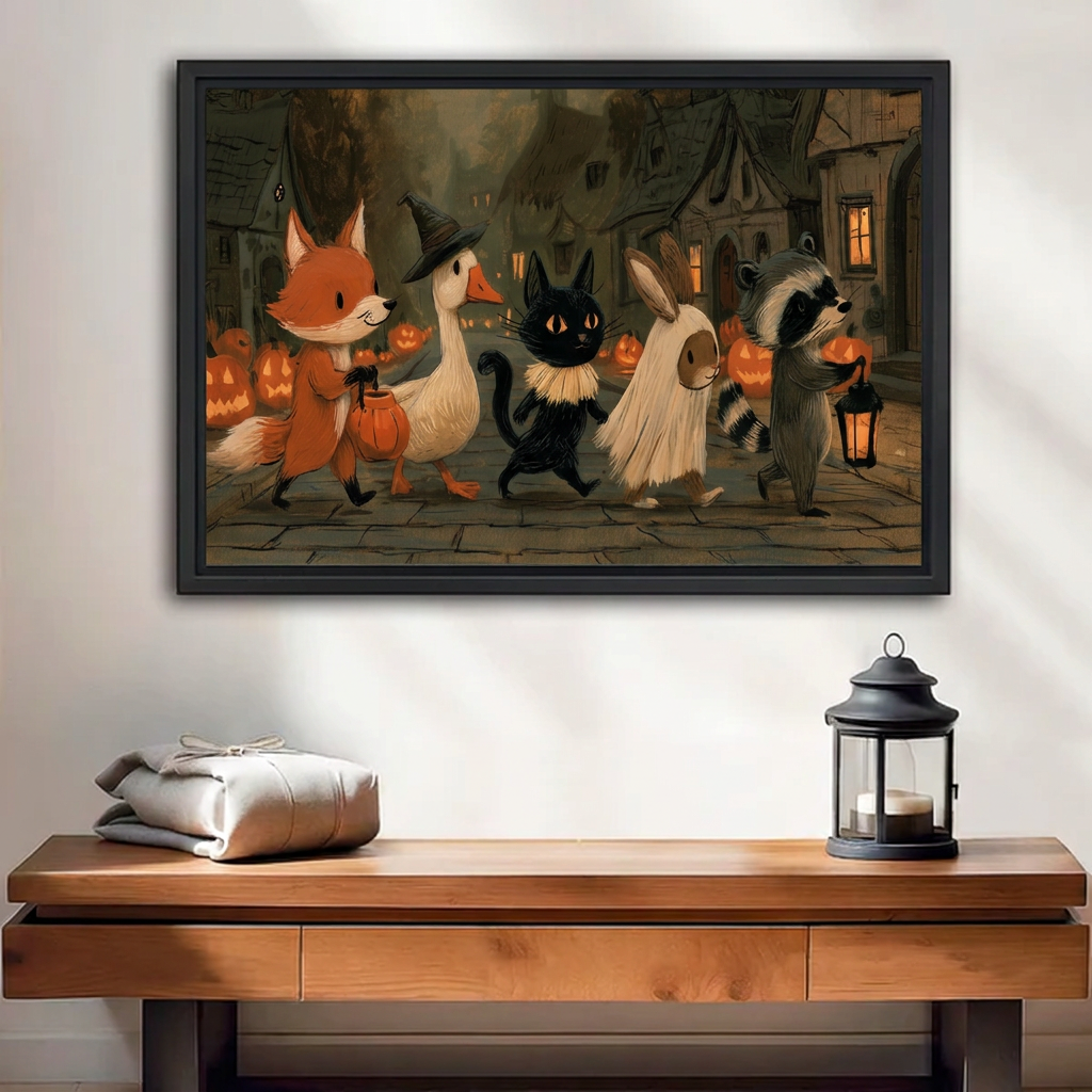 Black-framed Halloween animal parade canvas wall art above a wooden console with folded blankets and a lantern.