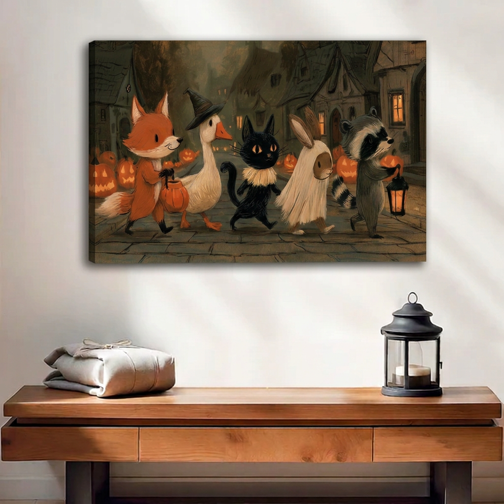 Gallery-wrap Halloween animal parade canvas wall art with visible wrapped edges above a wooden console beside a black lantern.