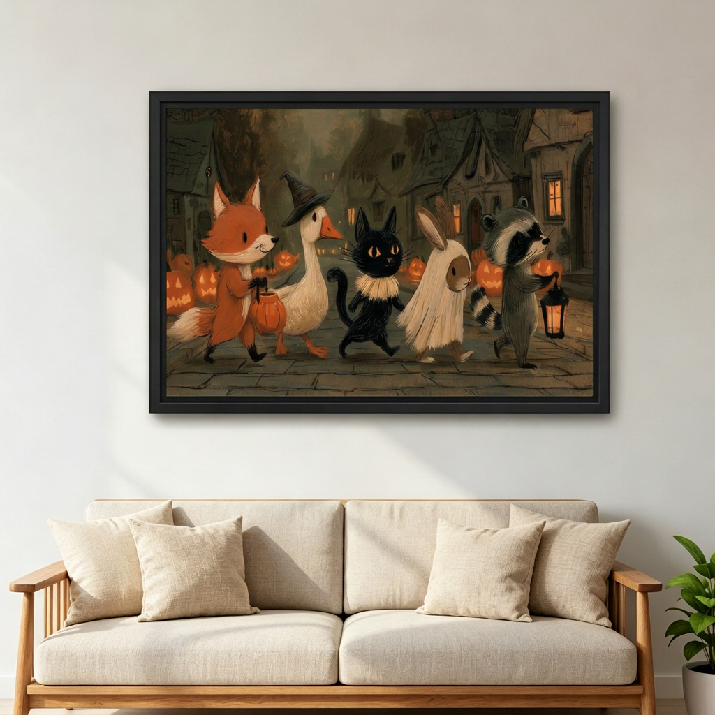 Black-framed Halloween animal parade canvas wall art above a cream sofa with wooden armrests beside a potted plant.