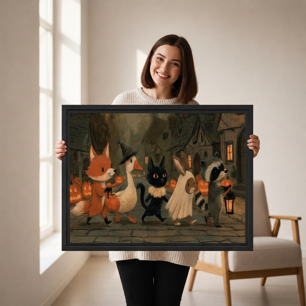 Woman holding black-framed Halloween animal parade canvas wall art featuring costumed animals walking past glowing pumpkins.