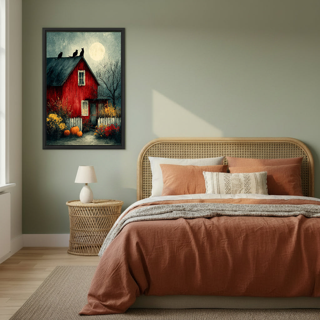 Halloween red barn three black cats full moon oil painting moody autumn wildflowers pumpkins black framed canvas wall art on sage green wall beside wide rattan arched headboard bed with terracotta linen and wicker round nightstand