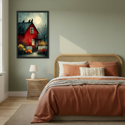 Halloween red barn three black cats full moon oil painting moody autumn wildflowers pumpkins black framed canvas wall art on sage green wall beside wide rattan arched headboard bed with terracotta linen and wicker round nightstand