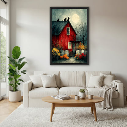 Halloween red barn three black cats full moon oil painting dark teal sky autumn wildflowers pumpkins white picket fence black framed canvas wall art above wide cream linen sofa with round wood coffee table succulent and gray houndstooth throw