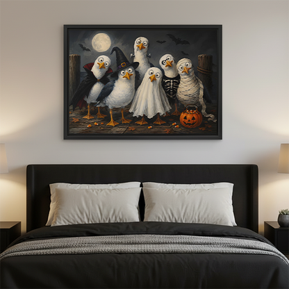 Gallery-wrap Halloween birds canvas wall art above a wooden console, depicting playful costumes and scattered candy.