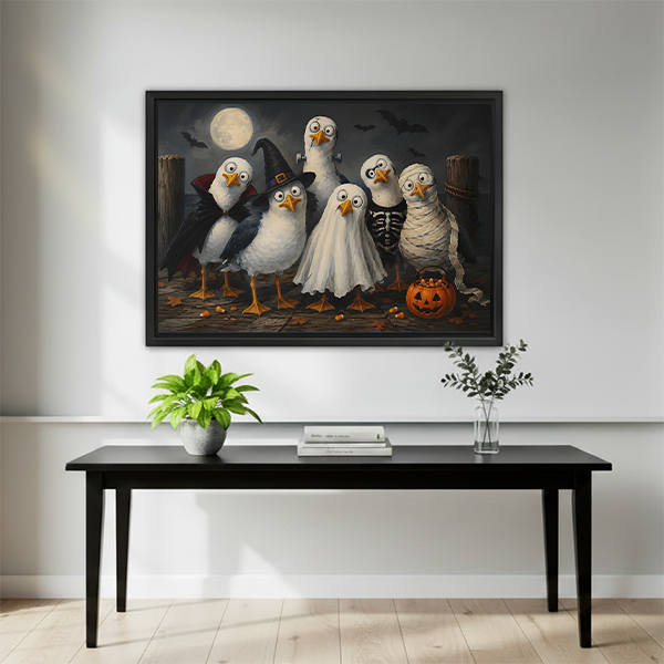 Black-framed Halloween birds canvas wall art above a black console table with plants and stacked books.